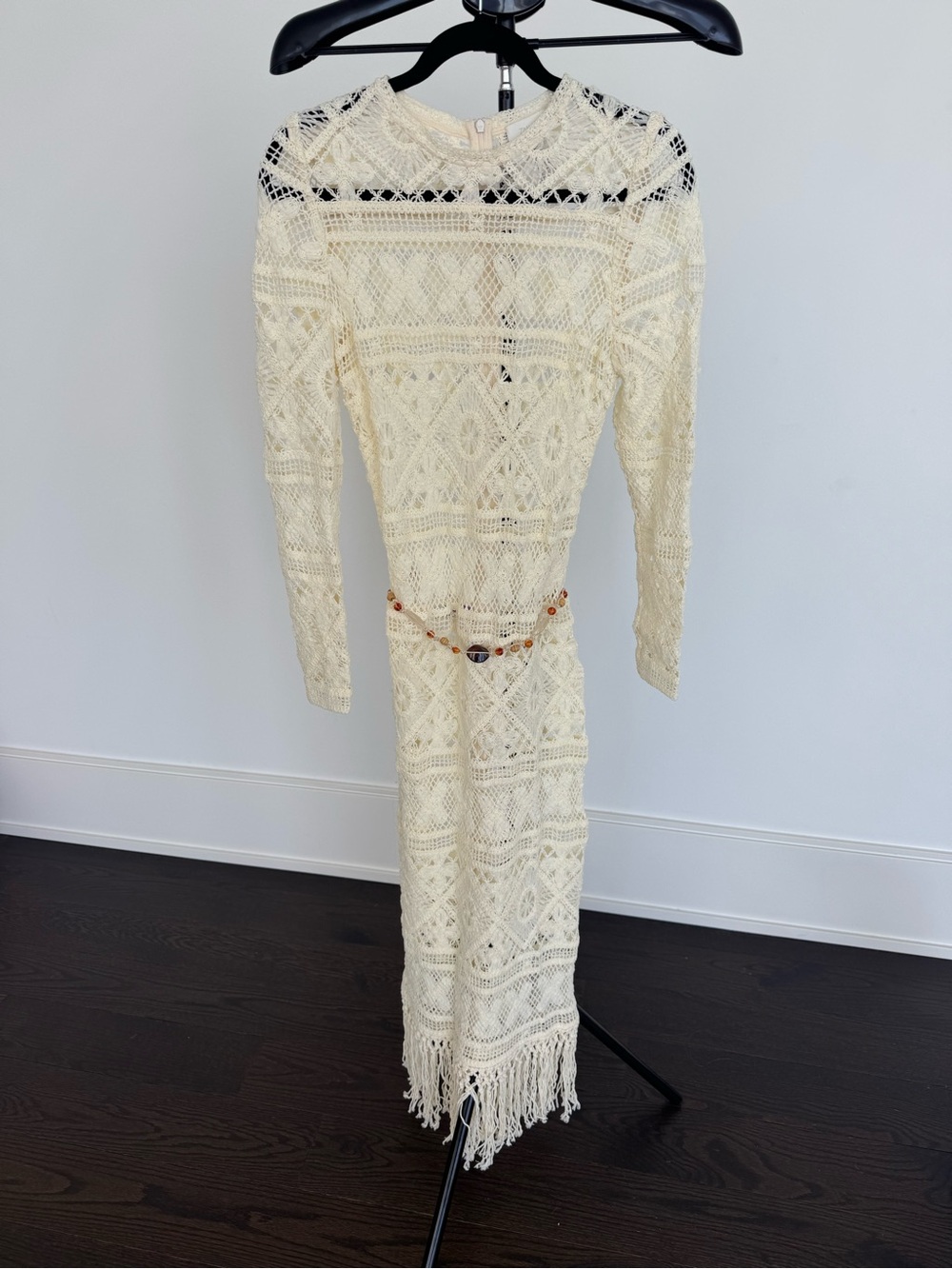 Zimmerman Cream Long Sleeve Crochet Fringe Maxi Dress